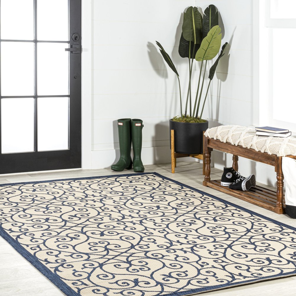 9' X 12' Navy Blue And Beige Geometric Indoor Outdoor Area Rug HomeRoots
