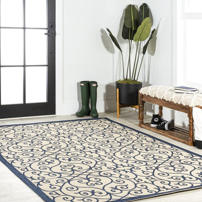 9' X 12' Navy Blue And Beige Geometric Indoor Outdoor Area Rug HomeRoots