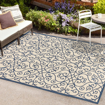 9' X 12' Navy Blue And Beige Geometric Indoor Outdoor Area Rug HomeRoots