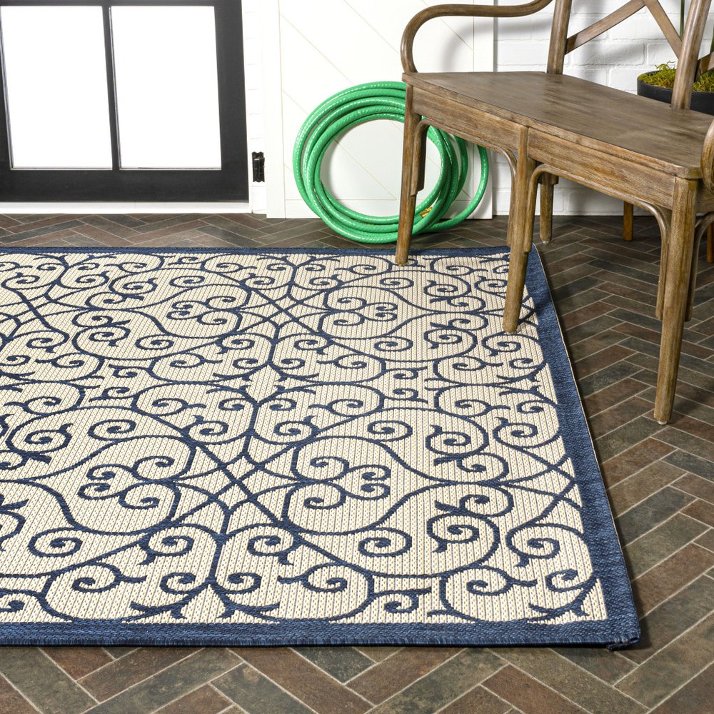 9' X 12' Navy Blue And Beige Geometric Indoor Outdoor Area Rug HomeRoots