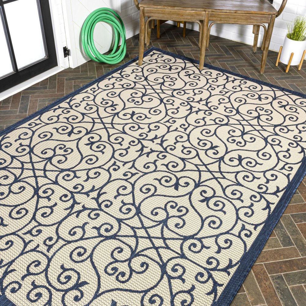9' X 12' Navy Blue And Beige Geometric Indoor Outdoor Area Rug HomeRoots