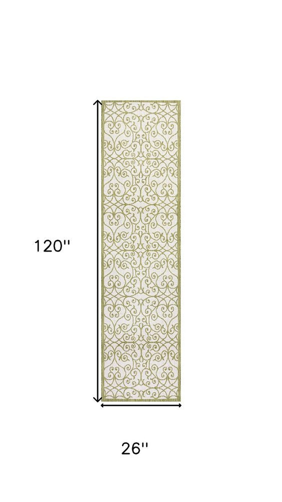 10' Green And Cream Geometric Indoor Outdoor Runner Rug HomeRoots