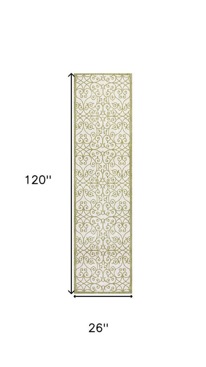 10' Green And Cream Geometric Indoor Outdoor Runner Rug HomeRoots