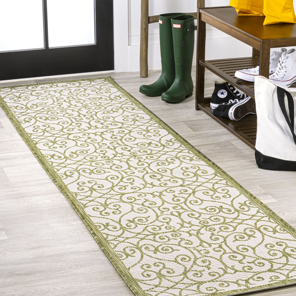 10' Green And Cream Geometric Indoor Outdoor Runner Rug HomeRoots