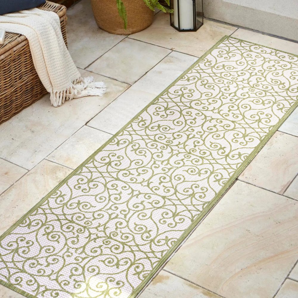 10' Green And Cream Geometric Indoor Outdoor Runner Rug HomeRoots