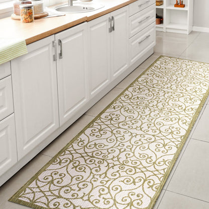 10' Green And Cream Geometric Indoor Outdoor Runner Rug HomeRoots