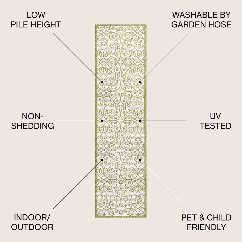 10' Green And Cream Geometric Indoor Outdoor Runner Rug HomeRoots