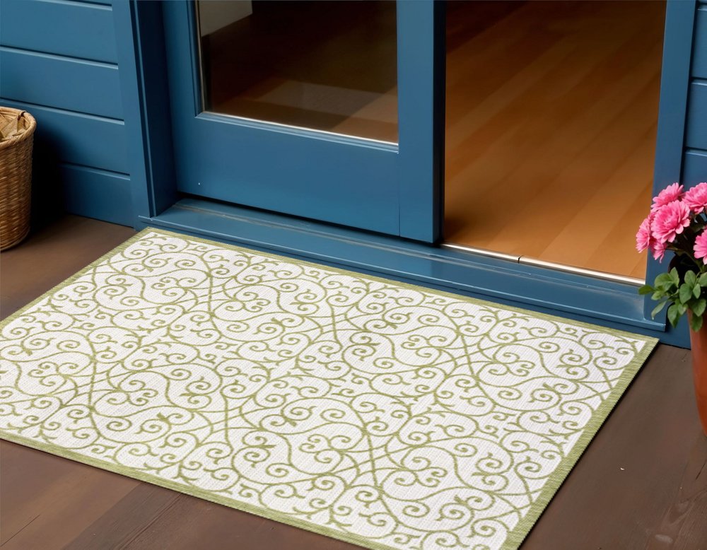 3' X 5' Green And Cream Geometric Indoor Outdoor Area Rug HomeRoots