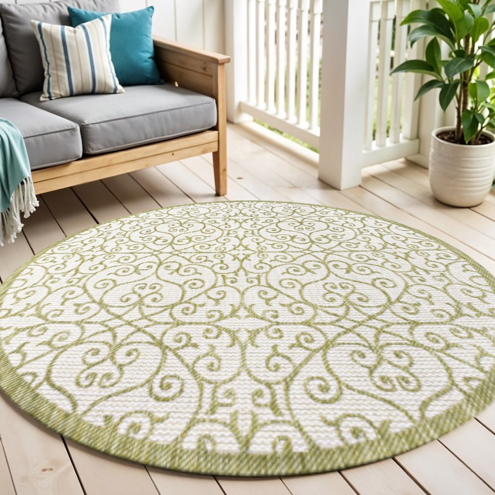 5' Green And Cream Round Geometric Indoor Outdoor Area Rug HomeRoots