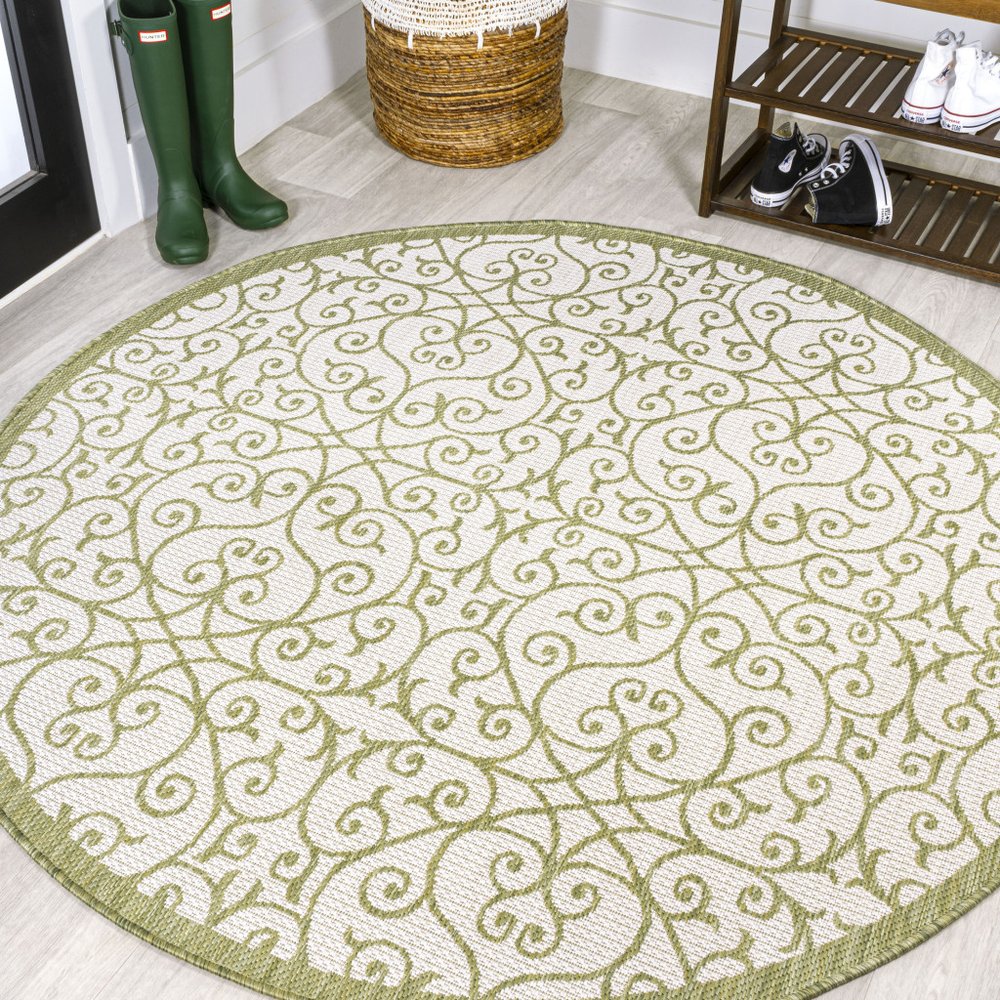 5' Green And Cream Round Geometric Indoor Outdoor Area Rug HomeRoots