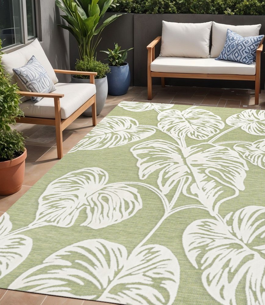 5' X 8' Light Green And Ivory Floral Indoor Outdoor Area Rug HomeRoots