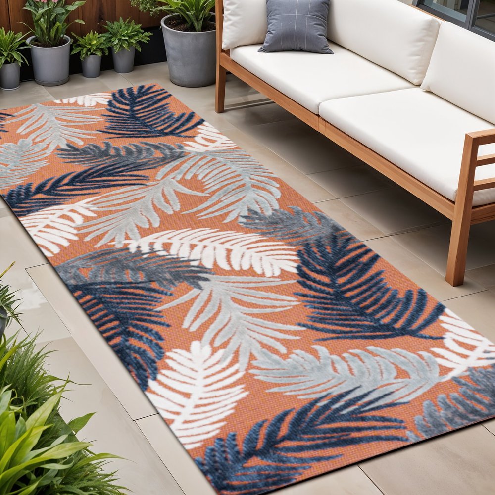 8' Orange Navy Blue And Ivory Floral Indoor Outdoor Runner Rug HomeRoots