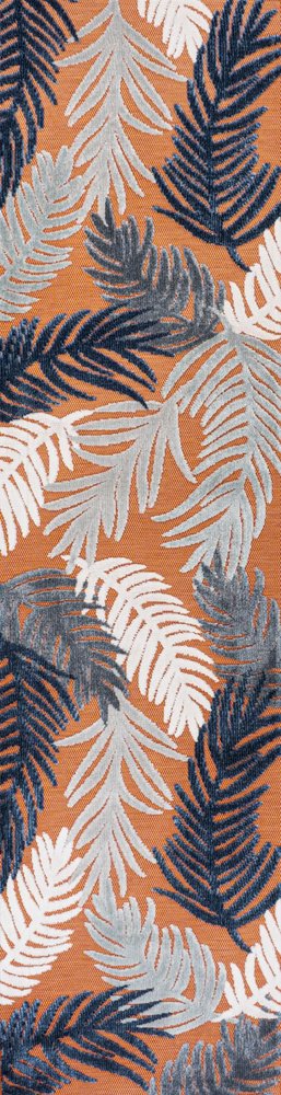 8' Orange Navy Blue And Ivory Floral Indoor Outdoor Runner Rug — view 1