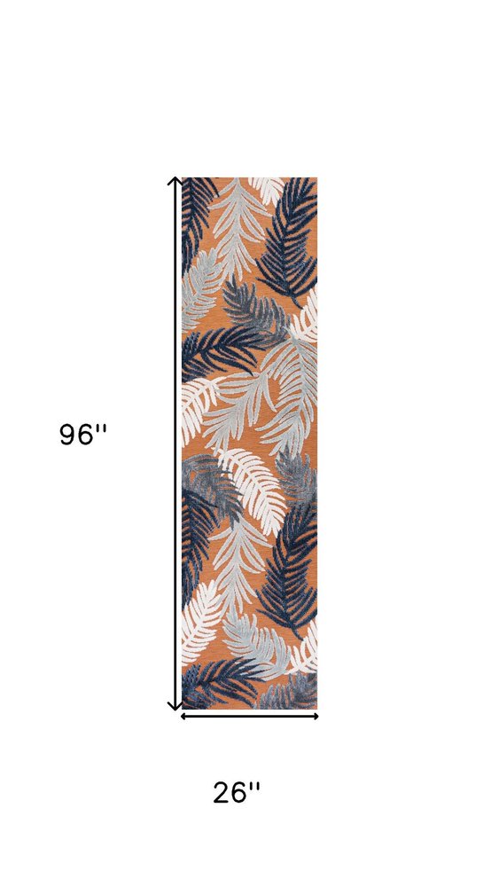 8' Orange Navy Blue And Ivory Floral Indoor Outdoor Runner Rug HomeRoots