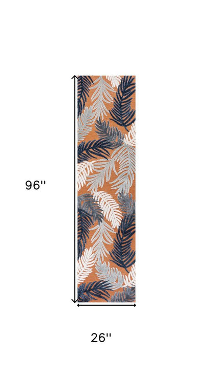 8' Orange Navy Blue And Ivory Floral Indoor Outdoor Runner Rug HomeRoots