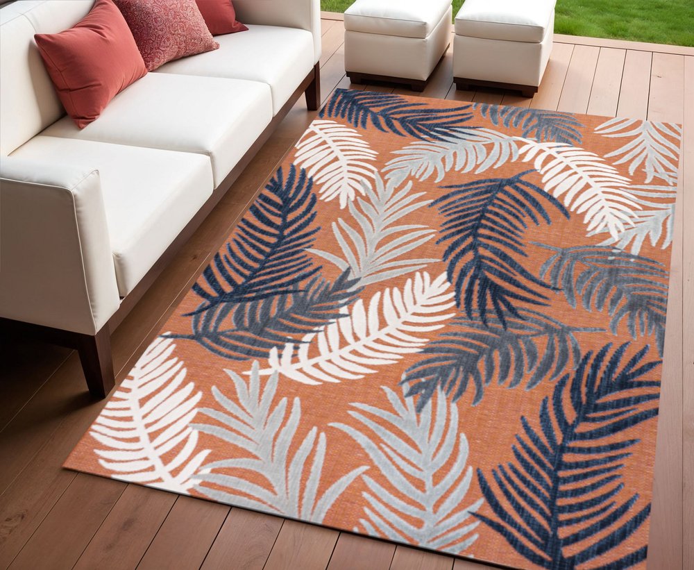 4' X 6' Orange Navy Blue And Ivory Floral Indoor Outdoor Area Rug — view 5