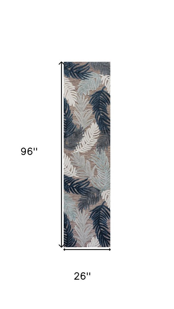 8' Brown Navy Blue And Ivory Floral Indoor Outdoor Runner Rug HomeRoots