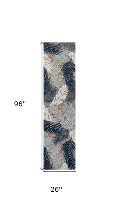 8' Brown Navy Blue And Ivory Floral Indoor Outdoor Runner Rug HomeRoots
