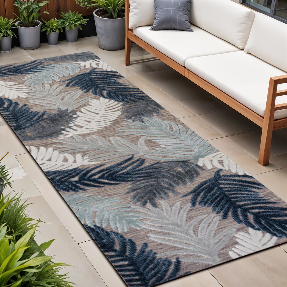 8' Brown Navy Blue And Ivory Floral Indoor Outdoor Runner Rug HomeRoots
