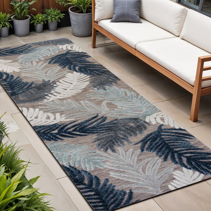 8' Brown Navy Blue And Ivory Floral Indoor Outdoor Runner Rug HomeRoots