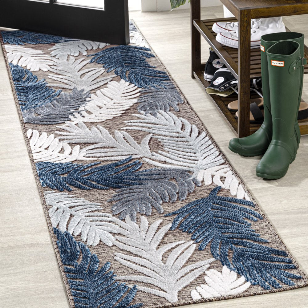 8' Brown Navy Blue And Ivory Floral Indoor Outdoor Runner Rug — view 6