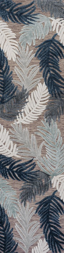 8' Brown Navy Blue And Ivory Floral Indoor Outdoor Runner Rug