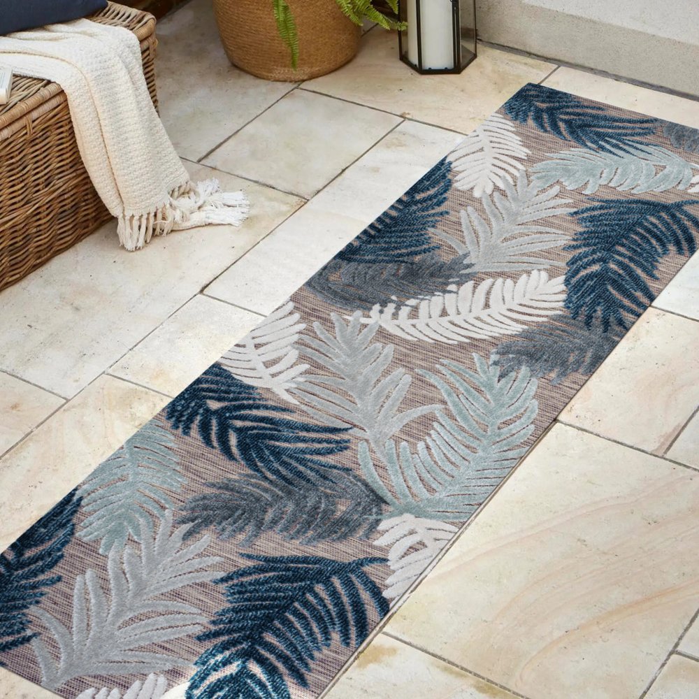 8' Brown Navy Blue And Ivory Floral Indoor Outdoor Runner Rug — view 7