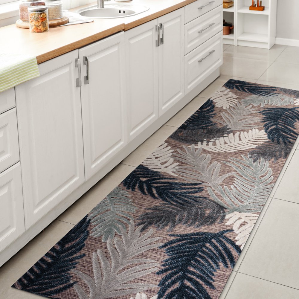8' Brown Navy Blue And Ivory Floral Indoor Outdoor Runner Rug — view 8