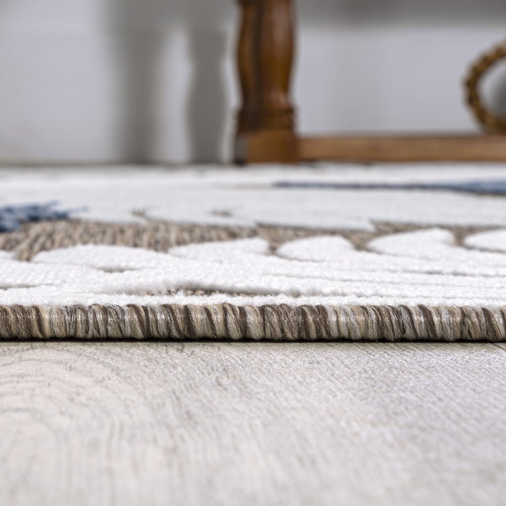 8' Brown Navy Blue And Ivory Floral Indoor Outdoor Runner Rug — view 11