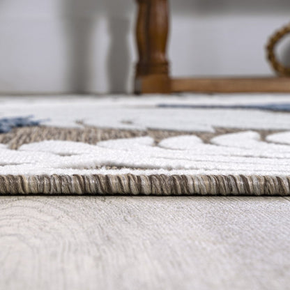 8' Brown Navy Blue And Ivory Floral Indoor Outdoor Runner Rug HomeRoots