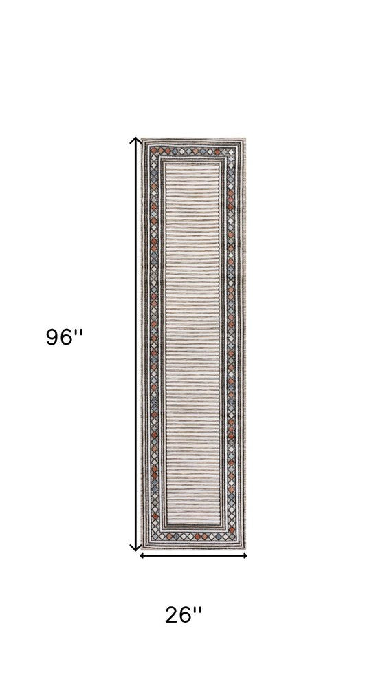 8' Brown And Ivory Geometric Indoor Outdoor Runner Rug — view 6