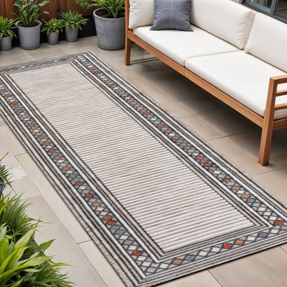 8' Brown And Ivory Geometric Indoor Outdoor Runner Rug HomeRoots