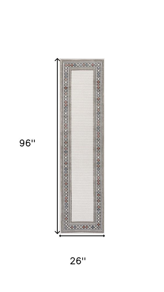 8' Ivory And Beige Geometric Indoor Outdoor Runner Rug HomeRoots
