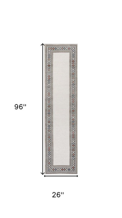 8' Ivory And Beige Geometric Indoor Outdoor Runner Rug HomeRoots