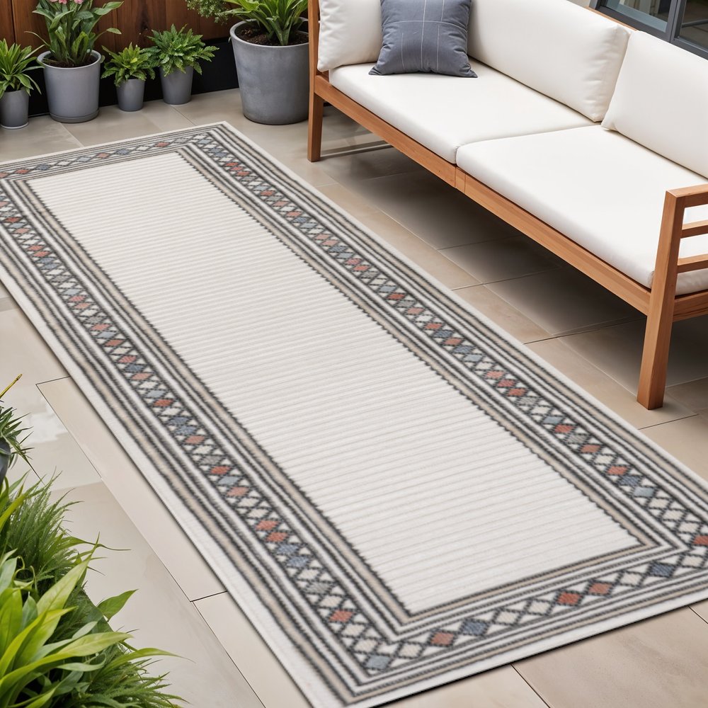 8' Ivory And Beige Geometric Indoor Outdoor Runner Rug — view 7