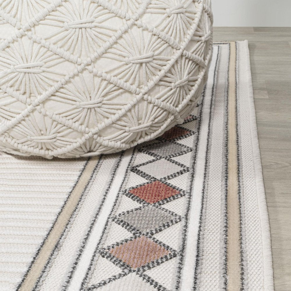 8' Ivory And Beige Geometric Indoor Outdoor Runner Rug HomeRoots