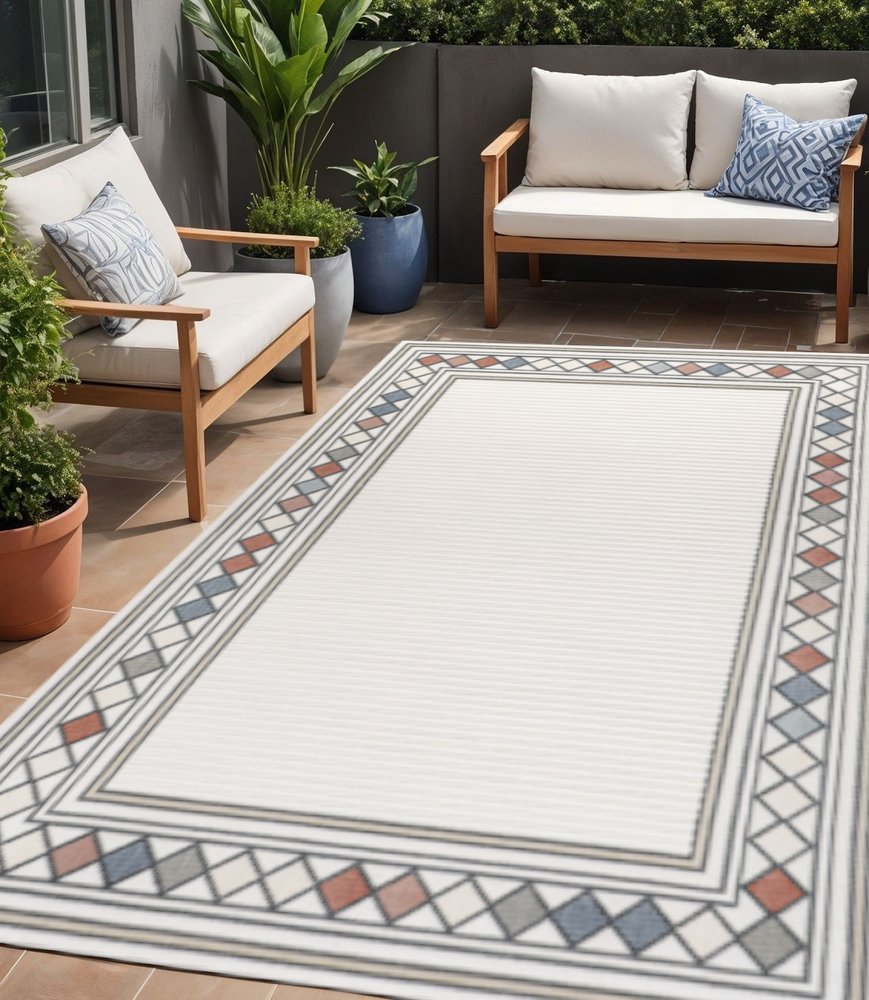 5' X 8' Ivory And Beige Geometric Indoor Outdoor Area Rug — view 5