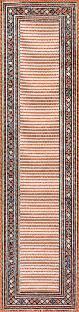 8' Orange And Ivory Geometric Indoor Outdoor Runner Rug — view 7
