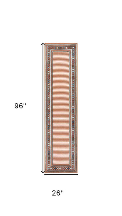 8' Orange And Ivory Geometric Indoor Outdoor Runner Rug HomeRoots