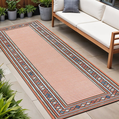 8' Orange And Ivory Geometric Indoor Outdoor Runner Rug HomeRoots