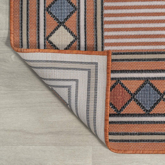 8' Orange And Ivory Geometric Indoor Outdoor Runner Rug