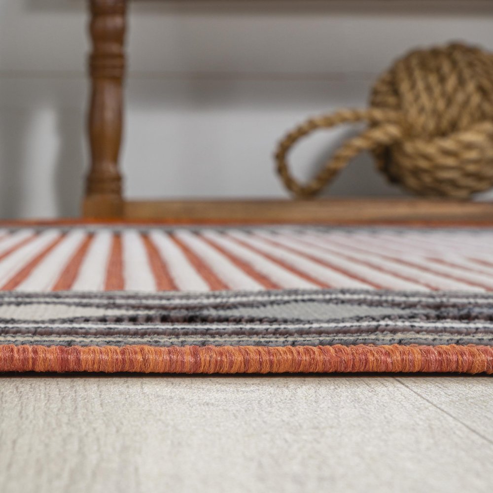 8' Orange And Ivory Geometric Indoor Outdoor Runner Rug — view 3