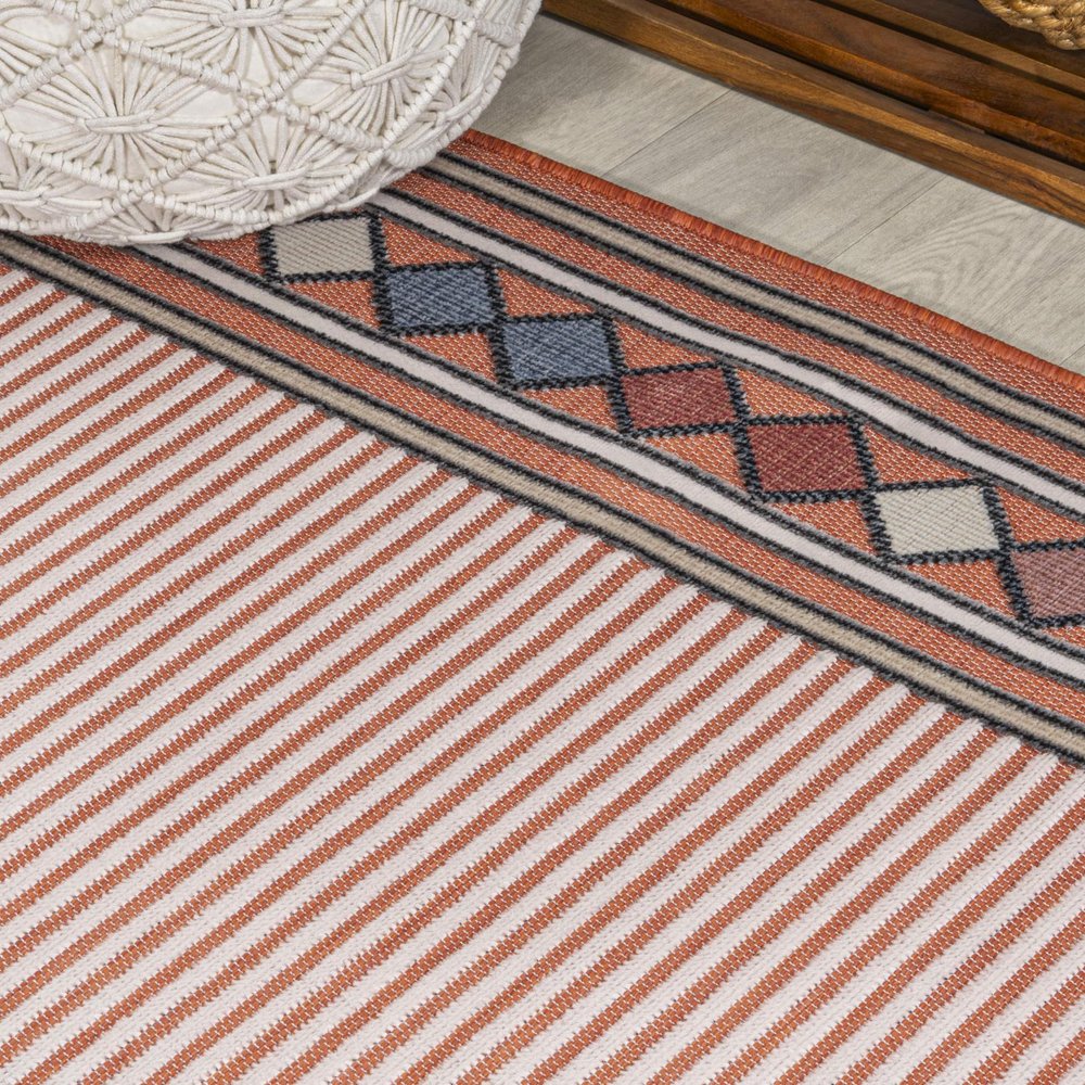 8' Orange And Ivory Geometric Indoor Outdoor Runner Rug HomeRoots