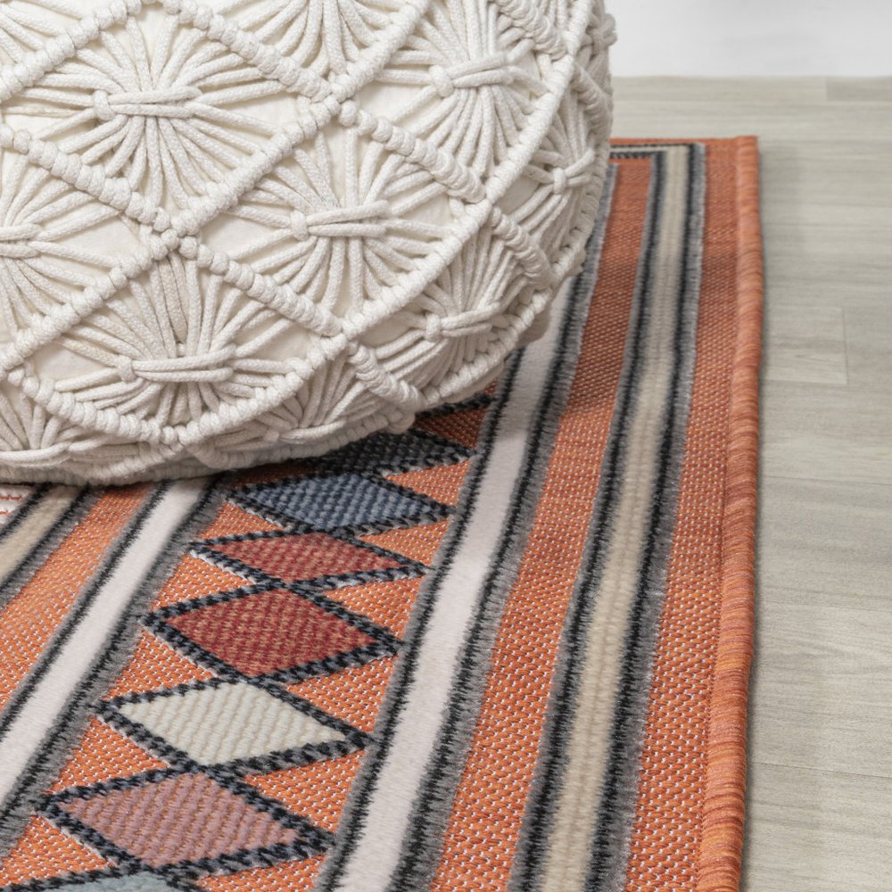 8' Orange And Ivory Geometric Indoor Outdoor Runner Rug — view 5