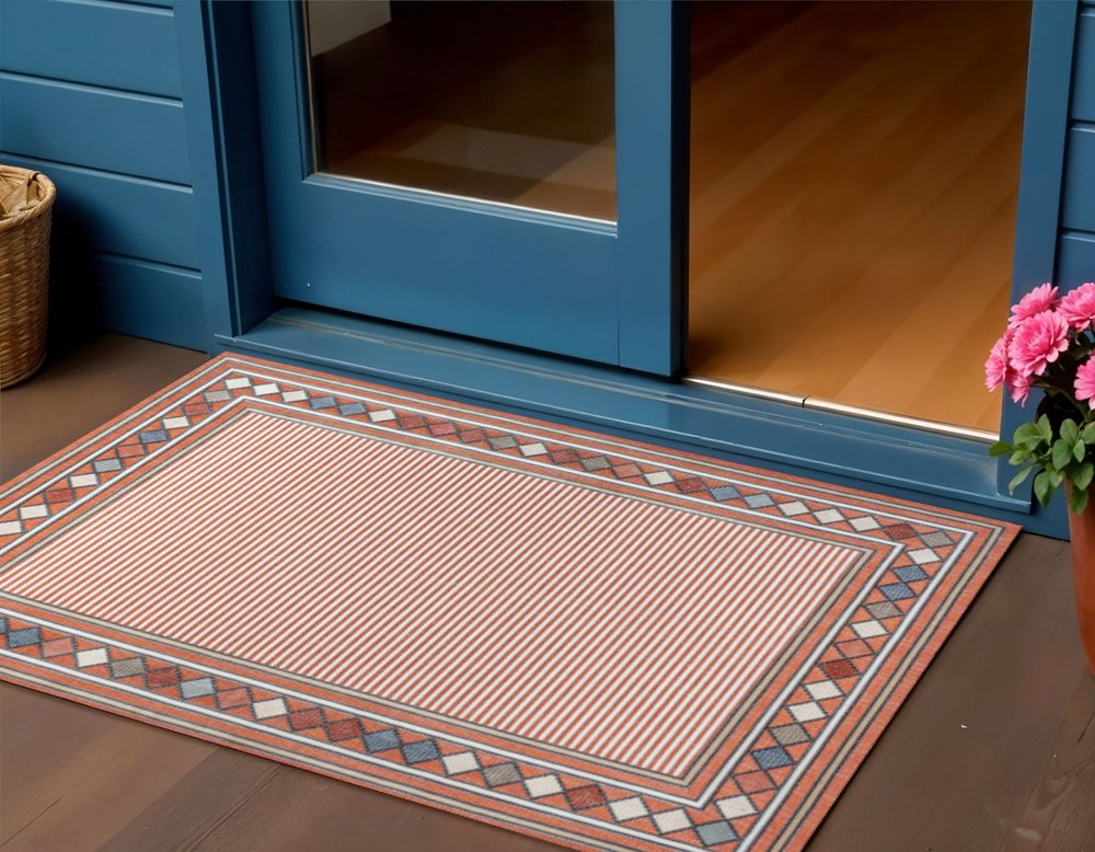 3' X 5' Orange And Ivory Geometric Indoor Outdoor Area Rug — view 5