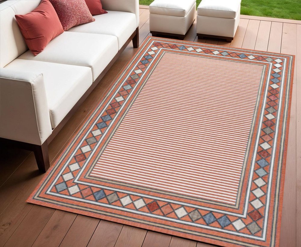 4' X 6' Orange And Ivory Geometric Indoor Outdoor Area Rug HomeRoots