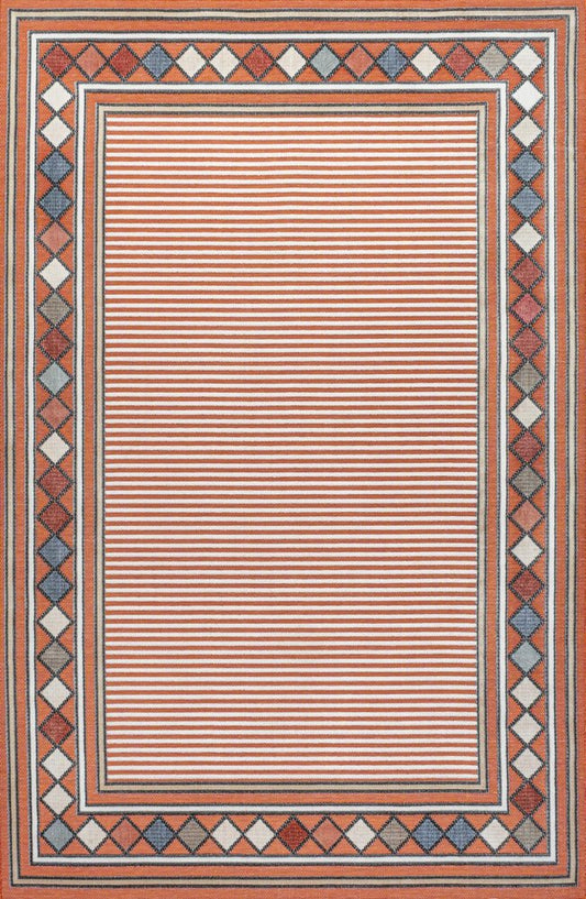 4' X 6' Orange And Ivory Geometric Indoor Outdoor Area Rug