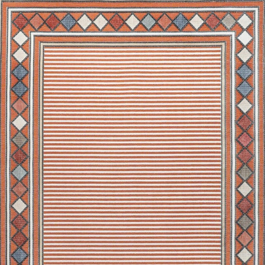 8' X 10' Orange And Ivory Geometric Indoor Outdoor Area Rug