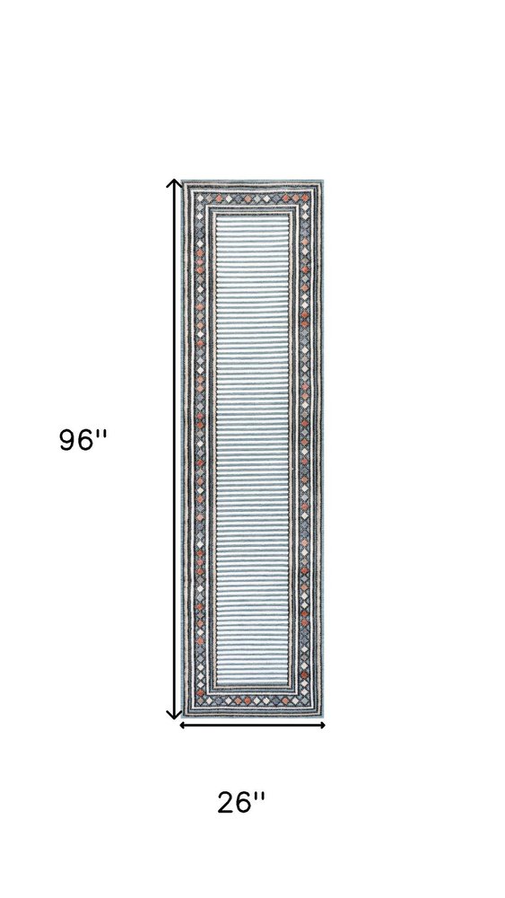 8' Blue And Ivory Geometric Indoor Outdoor Runner Rug HomeRoots