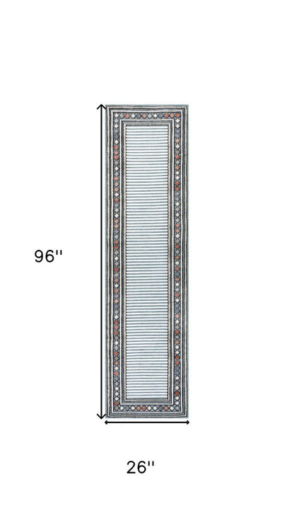 8' Blue And Ivory Geometric Indoor Outdoor Runner Rug HomeRoots